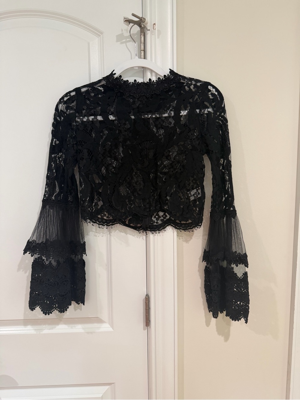 Skylar + Madison Black Lace Bell-Sleeve Crop Blouse